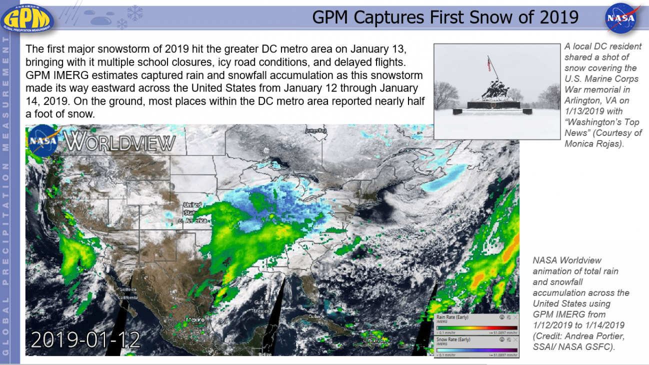 NASA Worldview animation of total rain and snowfall accumulation across the United States using GPM IMERG from 1/12/2019 to 1/14/2019 (Credit: Andrea Portier, SSAI/ NASA GSFC). 