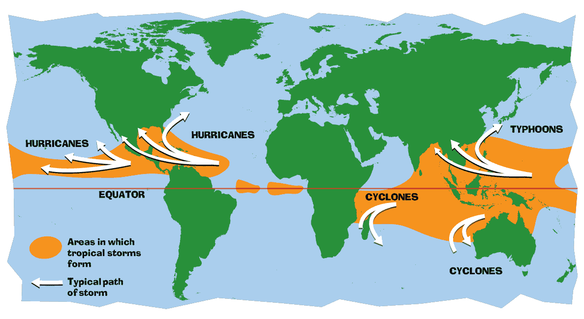 Diagram over jorden, der viser navngivningen af tropiske cykloner rundt om i verden.