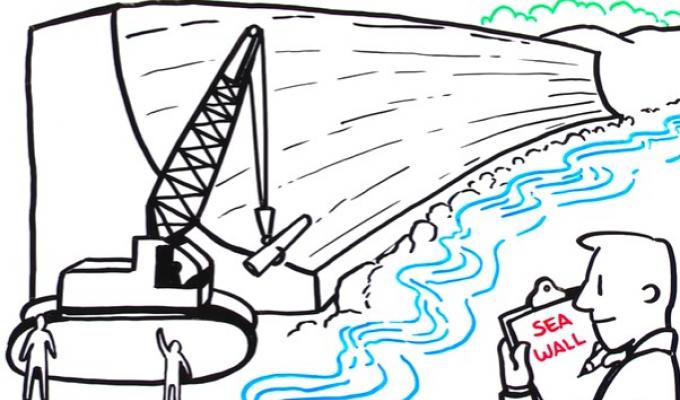 Illustration of sea level rise and building sea walls.