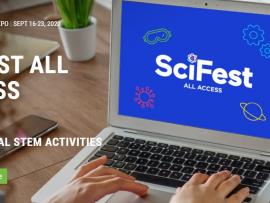 Person sitting at a computer watching SciFest
