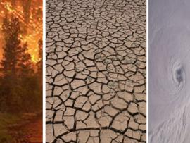 Imagery of climate change including wildfires, dry land, and a hurricane from space