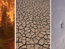 Imagery of climate change including wildfires, dry land, and a hurricane from space