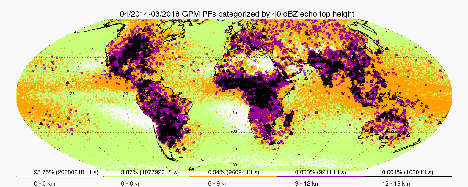  Global distribution of the maximum height of 40 dBZ radar echoes observed within precipitation features