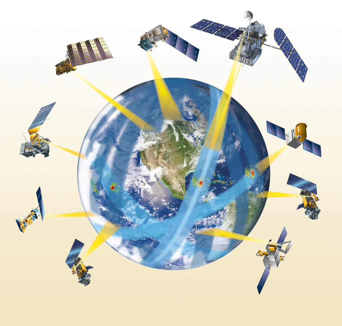 An illustration of the GPM satellite constellation orbitting earth and taking me