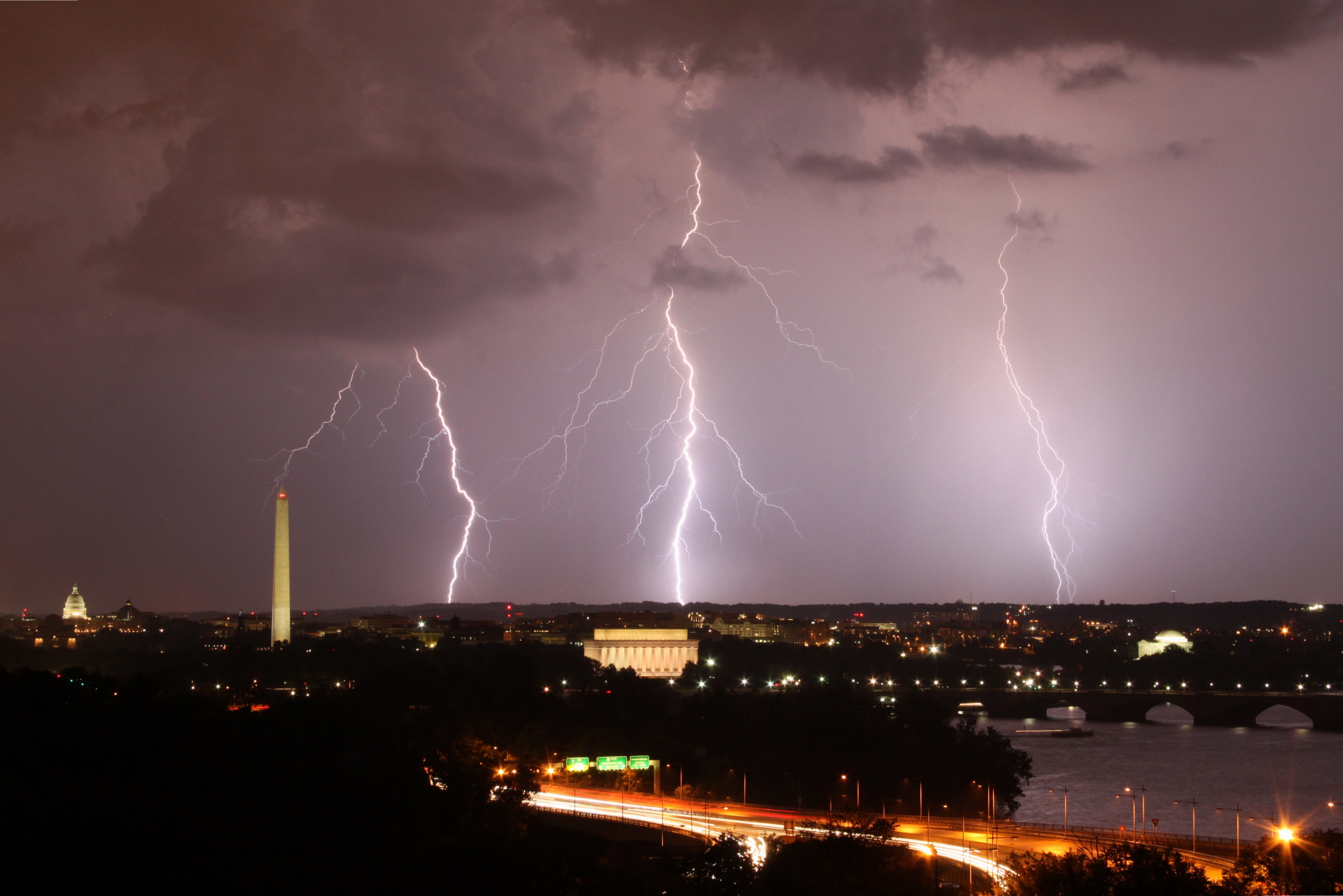 Three lightning bolts above Washington DC
