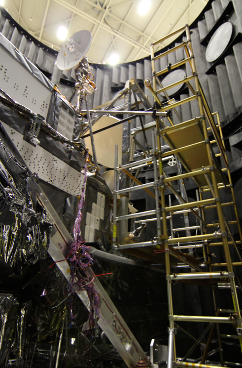 GPM being prepared to exit the Thermal Vacuum Chamber.