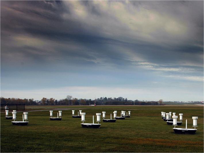 Caption: A cluster of rain gauges and soil moisture sensors deployed in Iowa during the IFloodS campaign. Image Credit: Iowa Flood Center