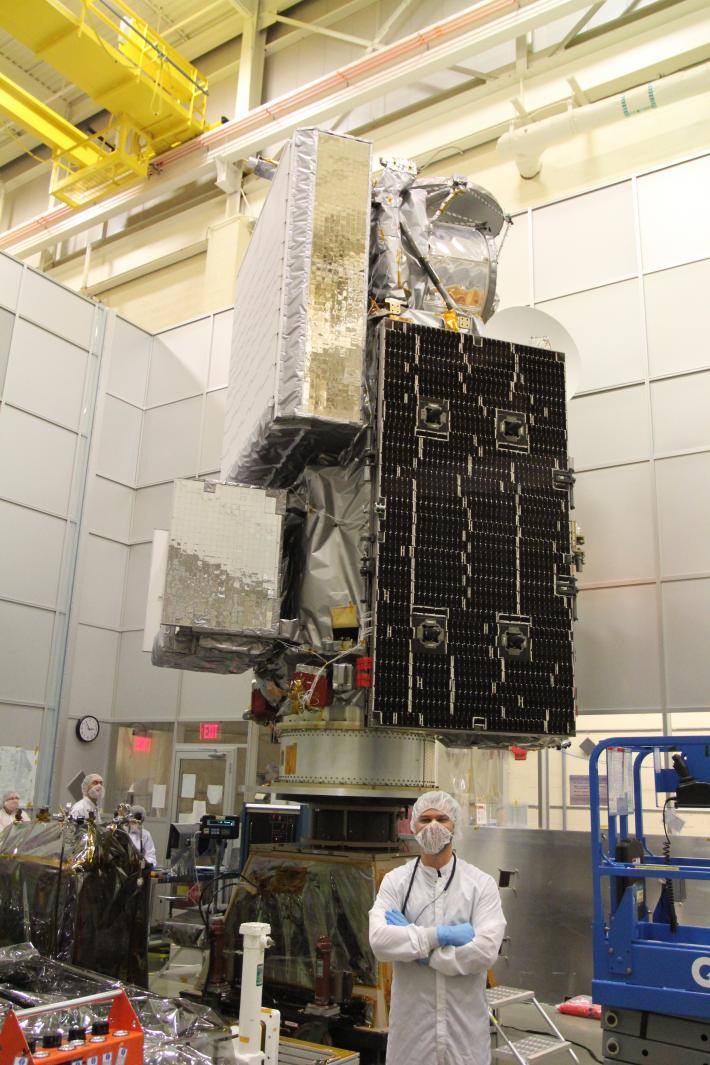 Engineer Daniel Alvarado overseeing the GPM Observatory mass properties test in September 2013 at NASA Goddard Space Flight Center.