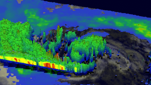 This 3-D image of Hurricane Sandy's rainfall was created using TRMM Precipitation Radar data. It shows the storm as it appeared on Oct. 28, 2012. Red areas indicate rainfall of 2 inches (50 mm) per hour.