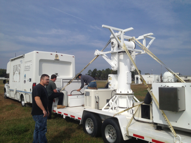 Shown, NASA technicians preparing for installation of the radar antennas.
