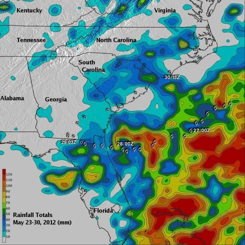 TRMM rain map of tropical storm Beryl