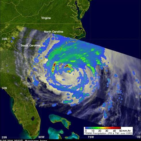TRMM image of Irene approaching the Carolinas