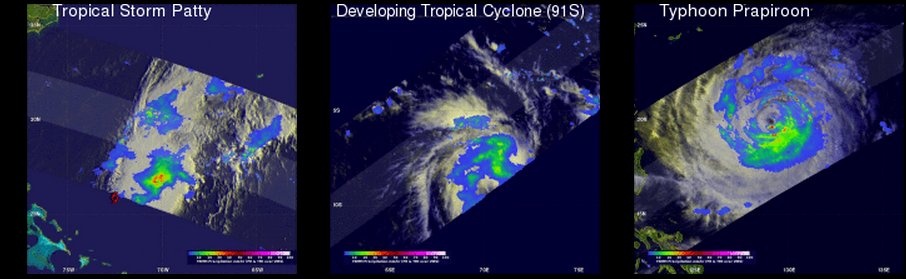Three tropical cyclones developing in the ocean