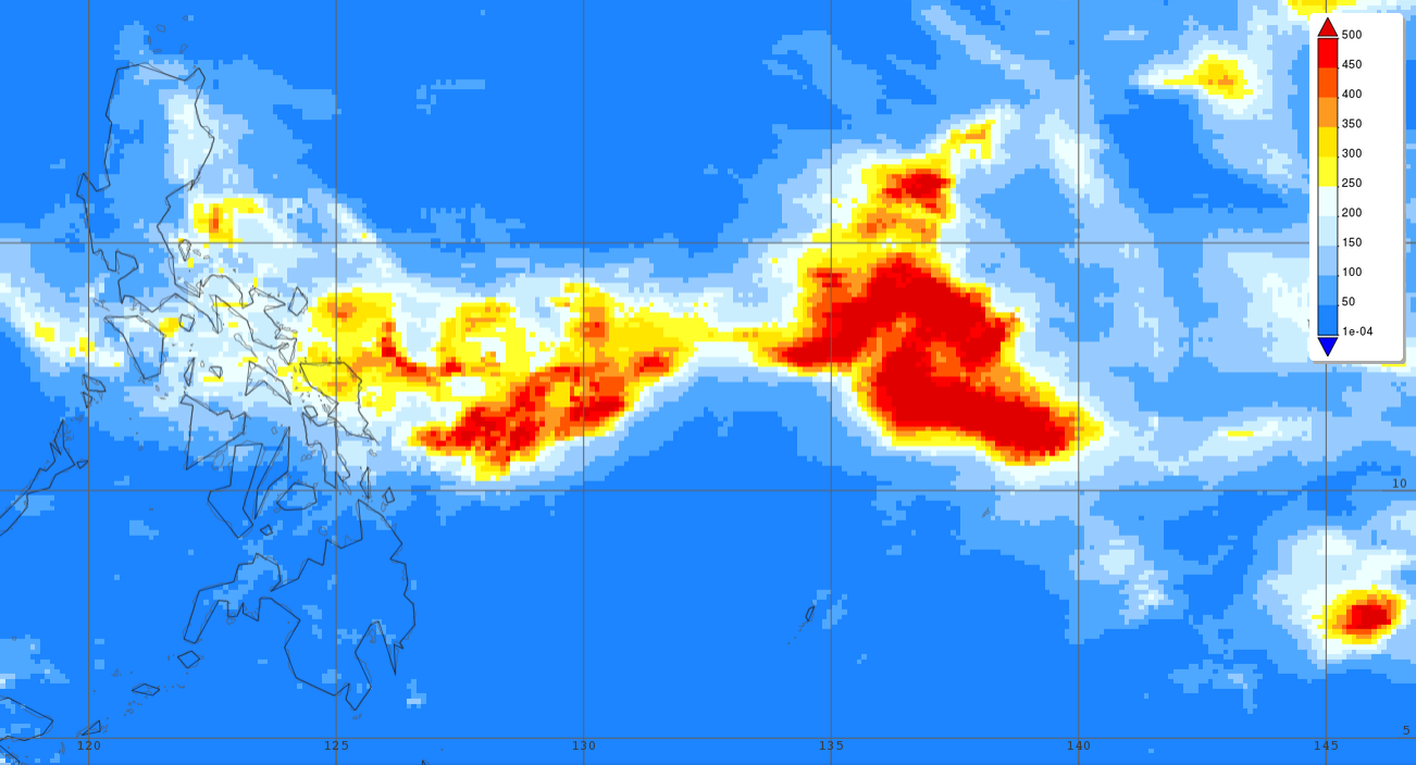Surface rainfall accumulations (mm) estimated from the NASA IMERG satellite precipitation product from 00 UTC 25 November to 03 UTC 4 December 2019 in association with the passage of Typhoon Kammuri.  