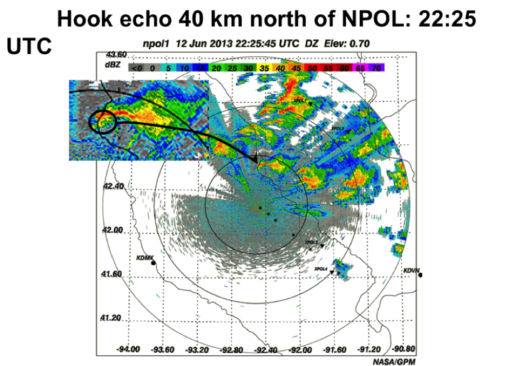 NPOL radar image of Hook echo 25 miles (40 kilometers) north of NPOL at 5:25 p.m. CDT, June 12, 2013. Credit: NASA
