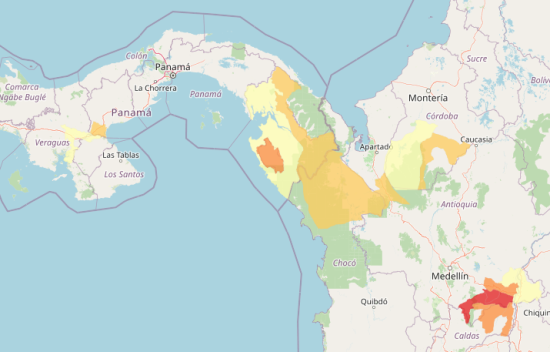 An example of the LHASA 2.0 landslide nowcast in South and Central America. Red indicates larger populations exposed to landslide hazard. Orange and yellow indicate lesser population exposure. Image from Landslide Viewer.