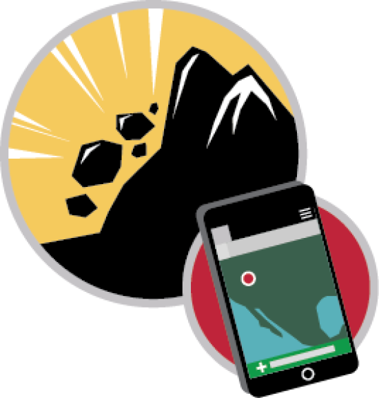 Graphic icons showing a landslide on a mountain and a cellphone with an app tracking landslides. 