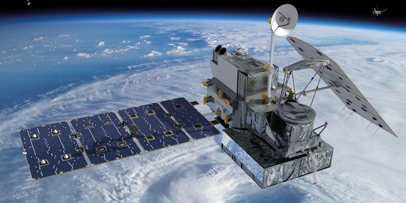 Visualization of the GPM Core Observatory in space over a hurricane with constellation satellites in the background.