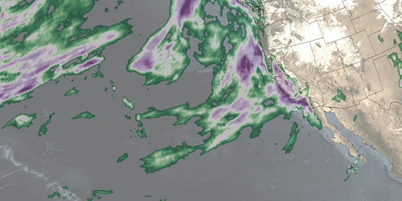 Screenshot of the IMERG animation showing rainfall totals from the atmospheric river in Jan. and Feb. 2024.