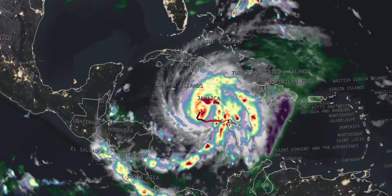 Satellite image of IMERG precipitation rates from Hurricane Melissa over Jamaica.