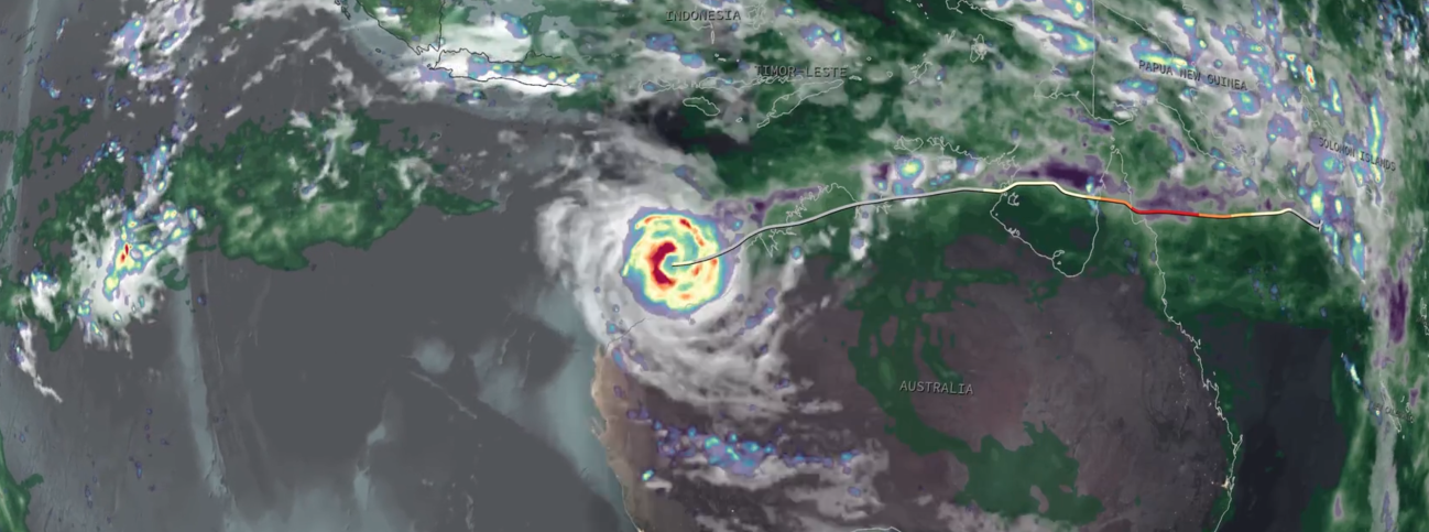Screenshot of an animation of IMERG precipitation estimates from Tropical Cyclone Narelle in March 2026