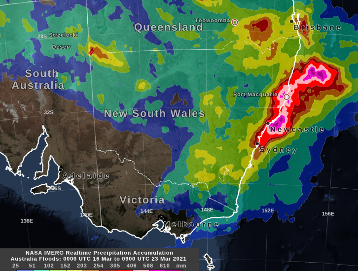 IMERG Precipitation Totals from Eastern Australia, March 16 - 23, 2021