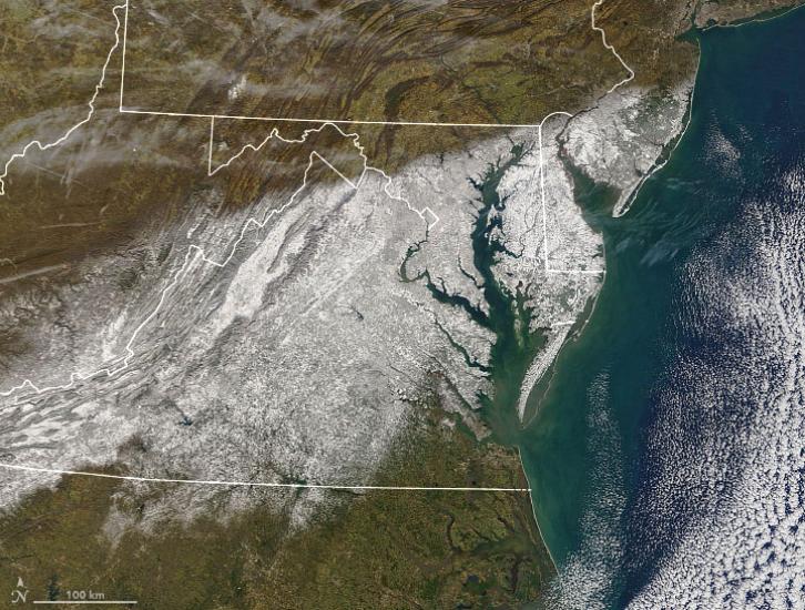 MODIS imagery of the snowstorm in Jan. 2022
