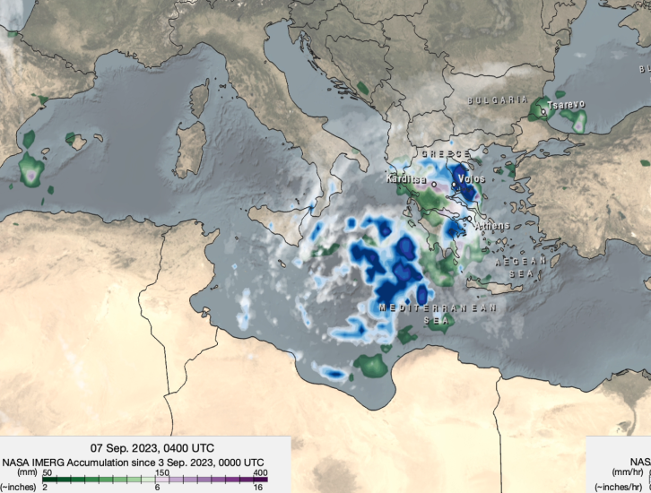 Map of IMERG precipitation estimates from recent flooding rainfall in Greece.