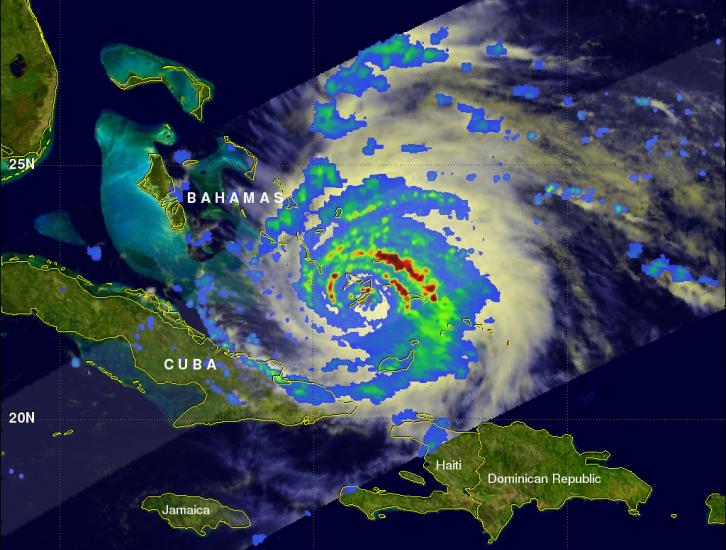 TRMM image of hurricane Irene intesifying as it nears the Bahamas
