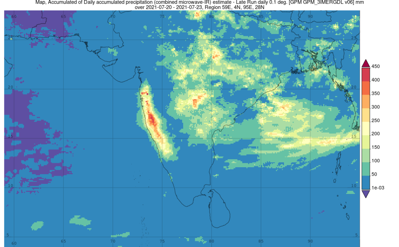 NASA’s GPM-based IMERG satellite estimates show heavy rainfall amounts of up to 200 to 400 mm (~8 to 16 inches) over parts of western India in association with the South Asian monsoon.