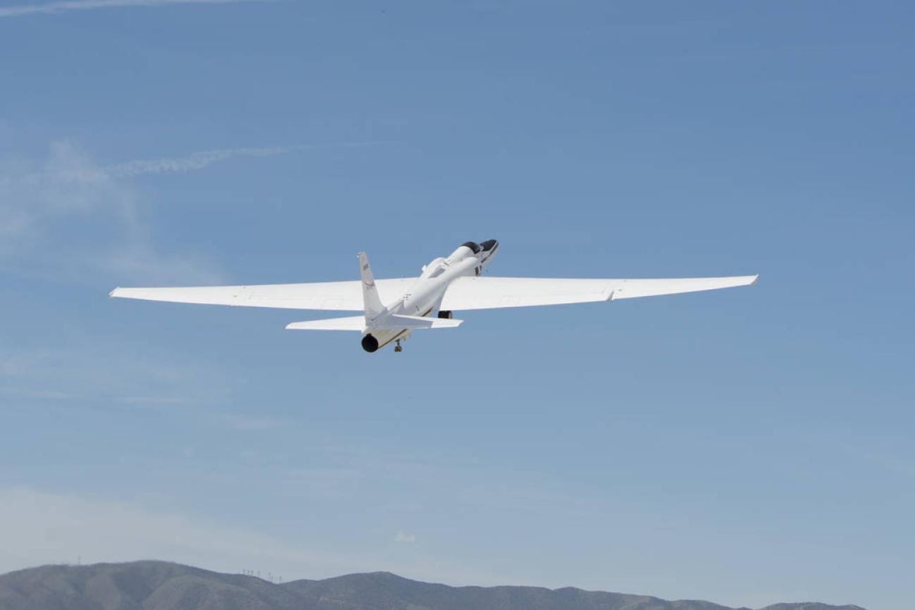 NASA’s ER-2, a high-altitude jet equipped with a suite of science instruments, takes off. Credits: NASA’s Armstrong Flight Research Center