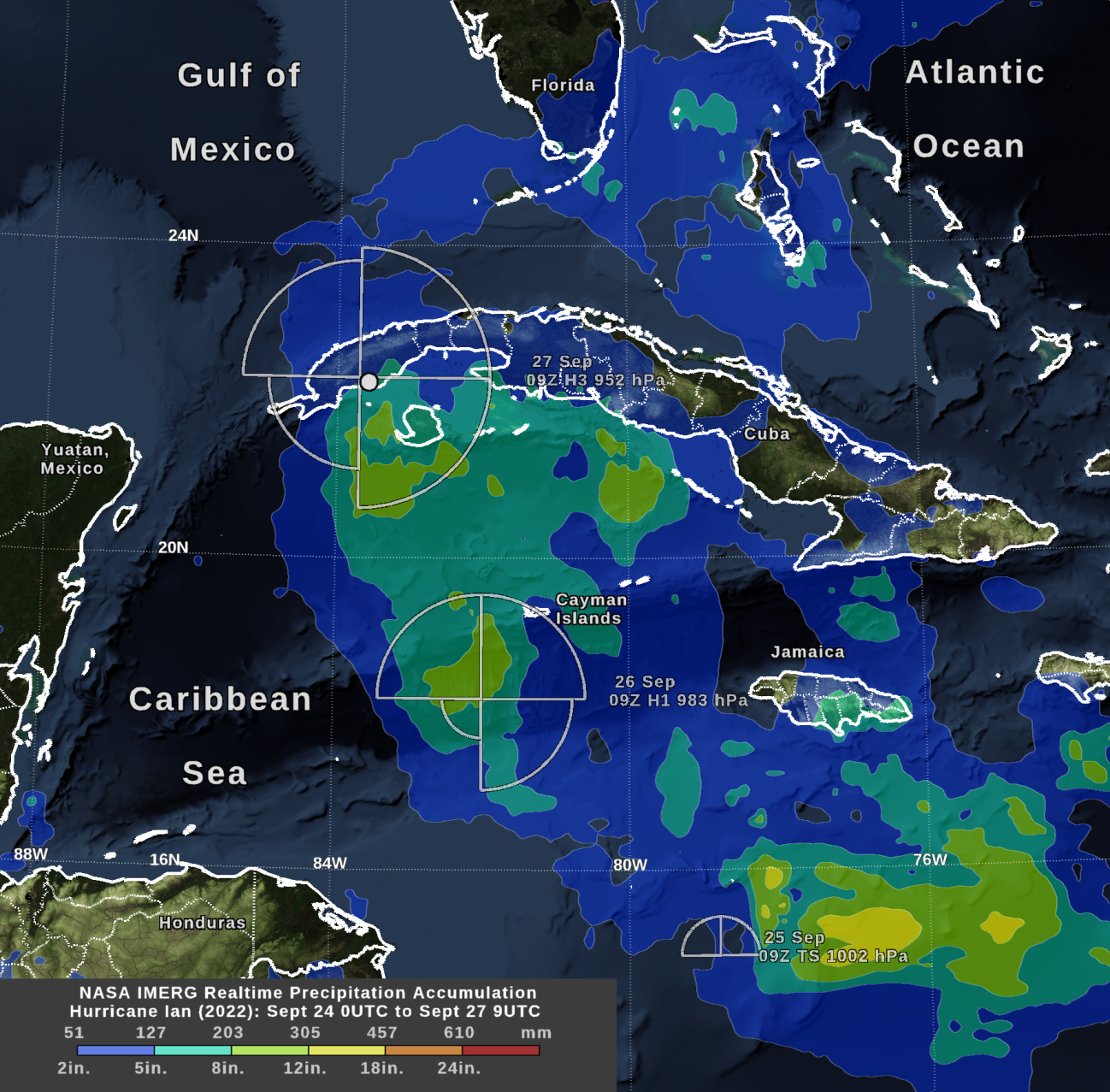 IMERG precipitation totals from Hurricane Ian