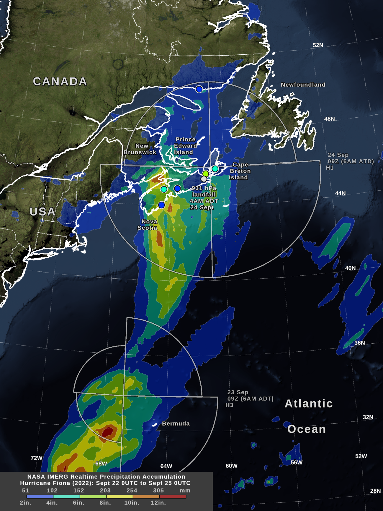 Hurricane Fiona IMERG Rainfall Accumulation to 0UTC 25 Sept 2022