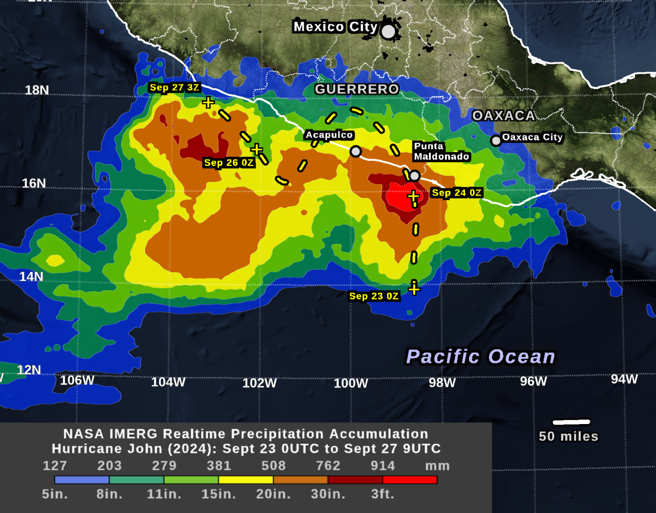 Hurricane John (Sept 2024) IMERG rainfall accumulation