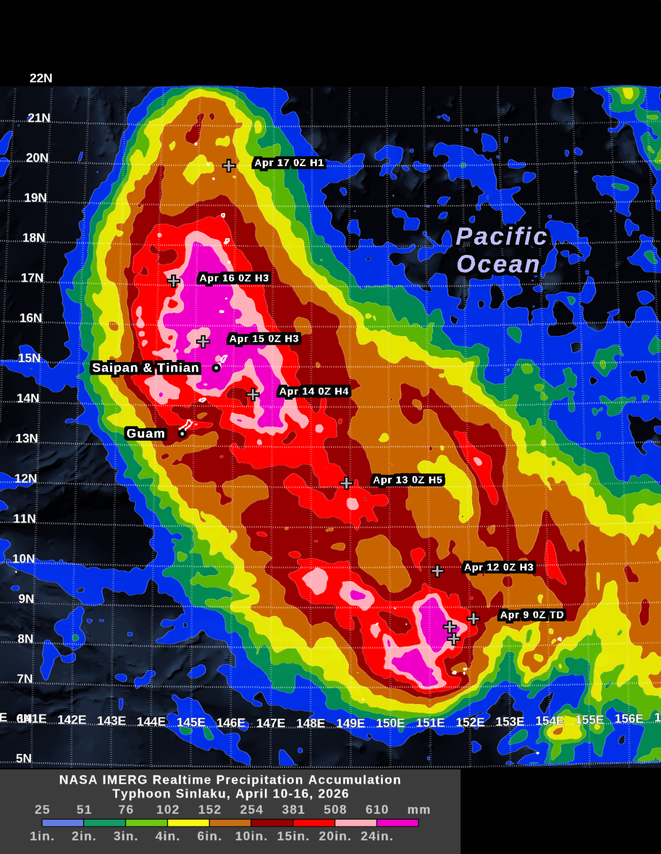 IMERG accumulation for Sinlaku (2026), April 10-16