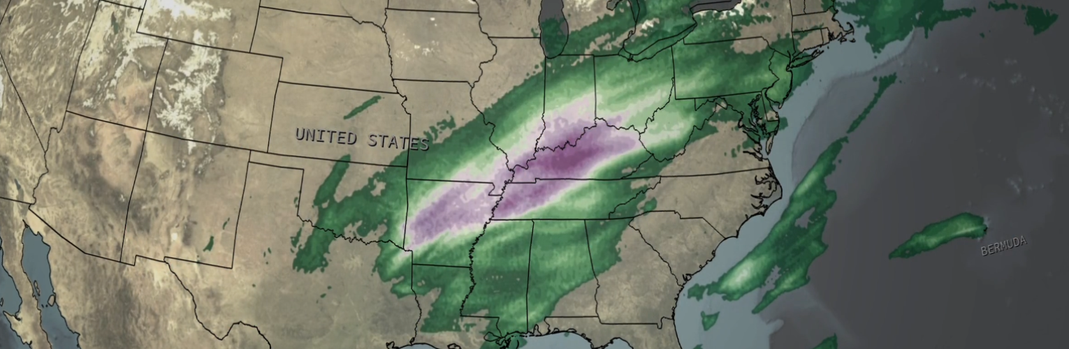 Map of the U.S. showing IMERG rainfall totals over the south and central U.S.
