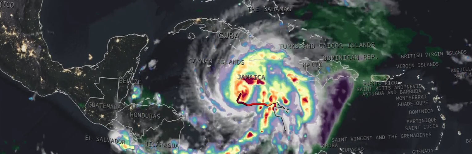 Satellite image of IMERG precipitation rates from Hurricane Melissa over Jamaica.