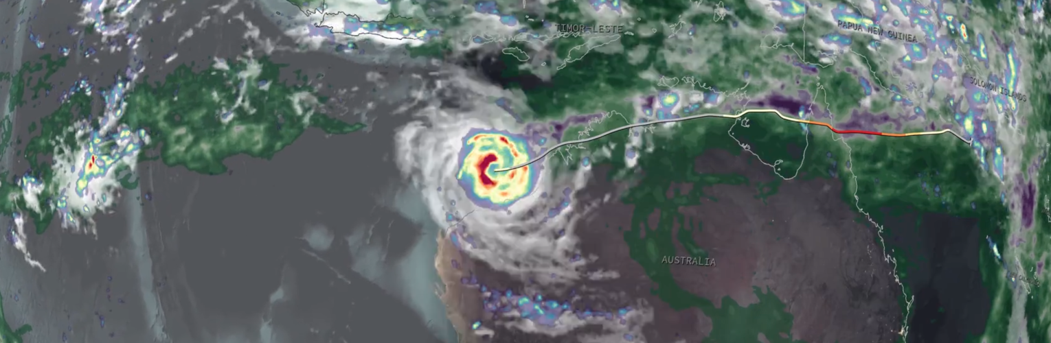 Screenshot of an animation of IMERG precipitation estimates from Tropical Cyclone Narelle in March 2026