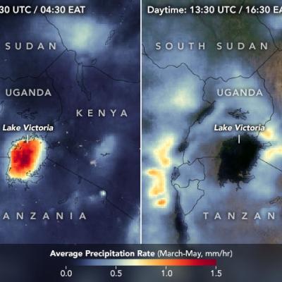 Maps showing the Average Precipitation Rate in Lake Victoria, Africa - Day vs. Night