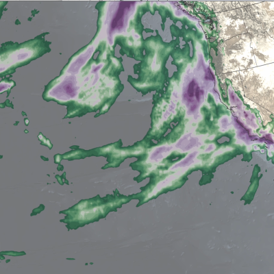 Screenshot of the IMERG animation showing rainfall totals from the atmospheric river in Jan. and Feb. 2024.