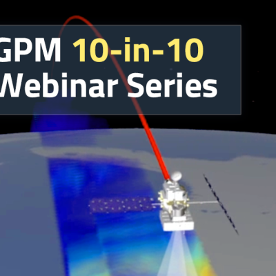 GPM 10-in-10 Banner showing the GPM satellite over Earth sensing precipitation.