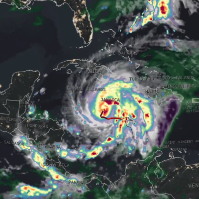 Satellite image of IMERG precipitation rates from Hurricane Melissa over Jamaica.