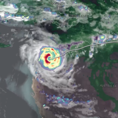 Screenshot of an animation of IMERG precipitation estimates from Tropical Cyclone Narelle in March 2026