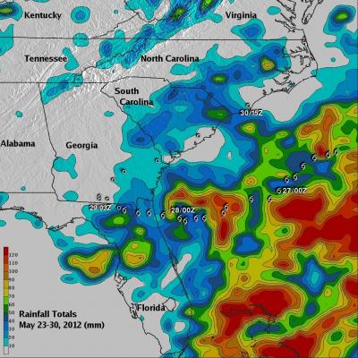 TRMM rain map of tropical storm Beryl over the US southeast