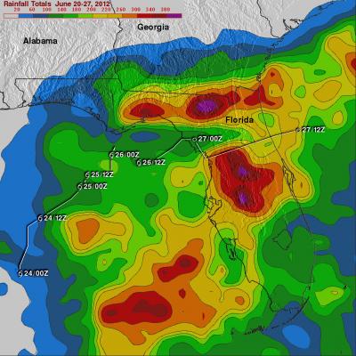 TRMM rainfall map of tropical storm Debby