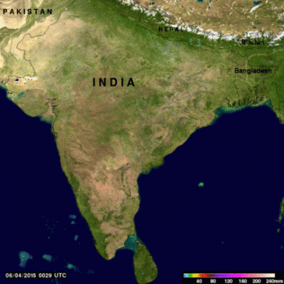Monsoon rainfall, although a little later than normal, has started in southern India. Due to El Nino conditions India's monsoon is predicted to bring below normal rainfall this year. Cooling rainfall comes to the country after high temperatures preceding the monsoon have caused the reported deaths of over 2300 people. Data from the NASA's Integrated Multi-satellitE Retrievals for GPM (IMERG) was used in this animation to show the advent of India's monsoon. Rainfall estimates for the past few days (4-5 June 