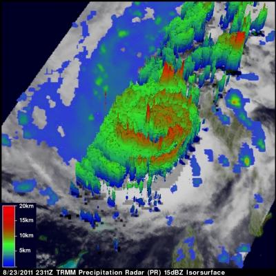TRMM radar image showing vertical cloud structure of Irene over Bahamas