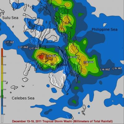 TRMM rainfall map showing heavy rain in the Phillipines from Washi